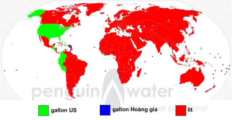 bản đồ mức độ sử dụng đơn vị đo gallon trên thế giới ngày nay